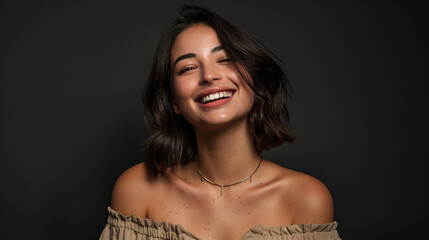 A gorgeous young lady with a lob haircut, wearing an off-the-shoulder shirt and delicate gold jewelry, radiantly confident against a backdrop of matte black - obrazy, fototapety, plakaty