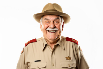 Fototapeta premium Standing tall in his safari uniform, a Male zookeeper's portrait is isolated against a solid background, embodying his commitment to caring for animals.
