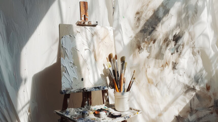 Obraz premium Aesthetic chaos. Easel, rough strokes of paint, opened paint tubes, brushes, white pastel colour palette. Generative AI