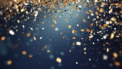 Deurstickers blue gradient background with gold confetti falling from the top scattered in different directions creating a dreamy and celebratory mood © Tomas