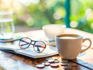 A white coffee cup sits on a table next to a notebook and a pair of glasses