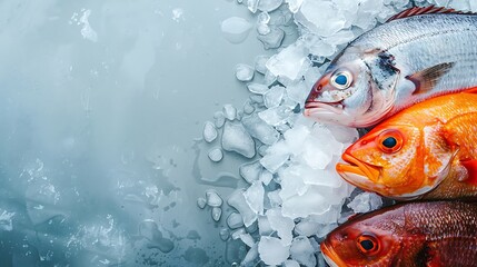 Freshly caught fish on ice at a local seafood market, with copy space