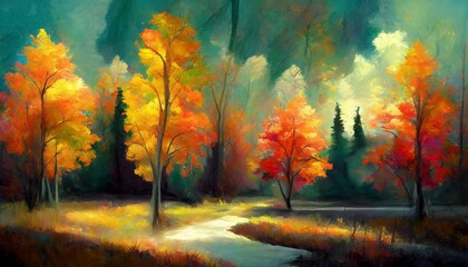 Naklejka na ściany i meble oil painting landscape colorful autumn trees abstract style