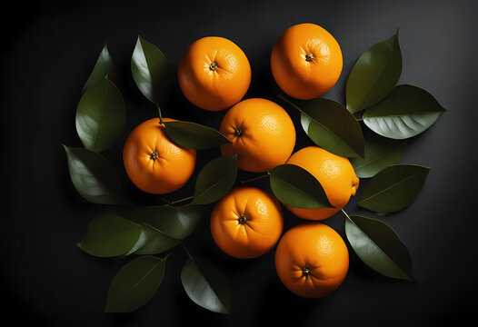 Oranges with leaves on a black surface. Top view, fruits and vegetables