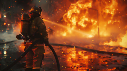 Fototapeta na wymiar 3D render of a fireman in hyperrealistic detail standing heroically with a fire hose against a 3D modeled blaze showcasing texture and light interplay