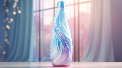 3D render of a sleek modern fabric softener bottle with holographic effects showcasing the key ingredients surrounded by soft billowing fabric that looks inviting to touch