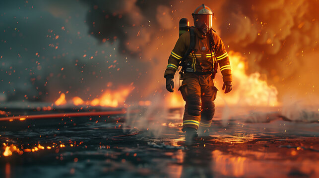 3D render of a fireman in hyperrealistic detail standing heroically with a fire hose against a 3D modeled blaze showcasing texture and light interplay
