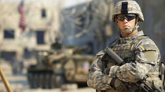 3D render of an American soldier in full gear standing watch at a forward operating base with a high level of detail on the uniform and equipment