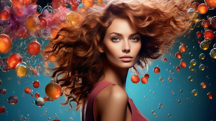 model with vibrant healthy hair cascading over their shoulders holding a bottle of the advertised shampoo with bubbles and natural ingredients visible in the background - obrazy, fototapety, plakaty