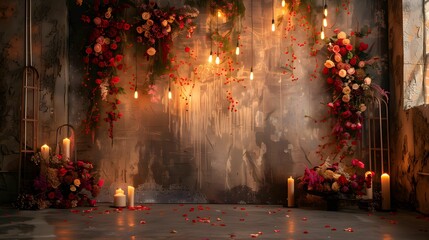 wedding studio setting backdrop in night, candle with no people