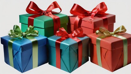 a collection of red blue and green gift wrapped christmas birthday or valentines presents with red ribbon bows isolated against a transparent background