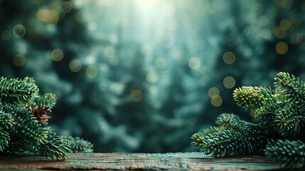 Fototapeta premium A vibrant, empty green tabletop with a background of a lush Christmas tree forest, perfect for presenting eco-friendly gifts and natural beauty products in a refreshing holiday setting 