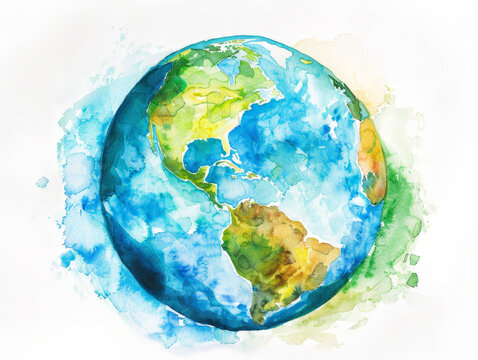 A watercolor painting of the Earth with a blue and green swirl pattern