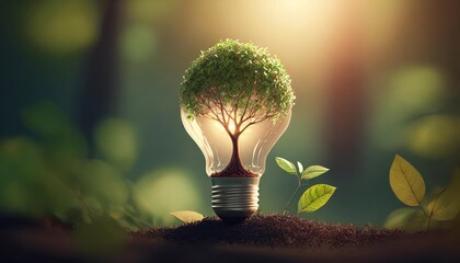 tree growing on light bulb with sunshine in nature saving energy and eco concept - obrazy, fototapety, plakaty