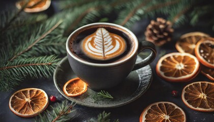 cup of coffee with a christmas tree pattern dried orange slices and fir branches dark rustic background christmas cozy background view from above - obrazy, fototapety, plakaty