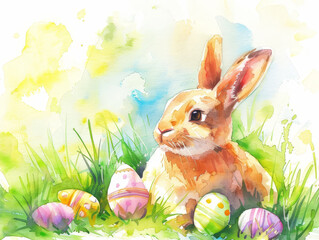 A rabbit is sitting in a field of grass with a bunch of Easter eggs around it
