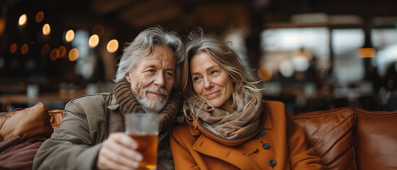 Elderly couple senior drinking tea in a cafe, portrait of a person in a cafe, senior in cafe drink tea concept background cover wallpaper
