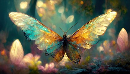 large stunningly beautiful fairy wings fantasy abstract paint colorful butterfly sits on garden the insect casts a shadow on nature the insect has many geometric angles 3d render