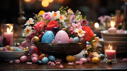 Obraz na płótnie Canvas A beautifully crafted Easter themed centerpiece with fresh flowers.
