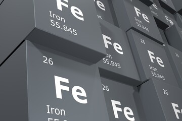 Iron, 3D rendering background of cubes of symbols of the elements of the periodic table, atomic number, atomic weight, name and symbol. Education, science and technology. 3D illustration