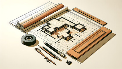 Stylized Architectural Plan Illustration. Modern illustration of an architectural plan, showcasing a simplified yet detailed layout with essential drafting tools.