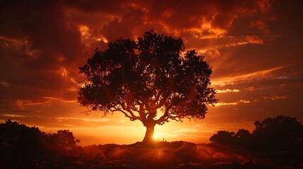 Fototapeta na wymiar Frame the dramatic silhouette of a lone tree against a fiery sunset