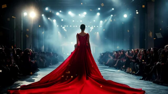 Female model walks the runway in her designer red dress. Fashion show concept