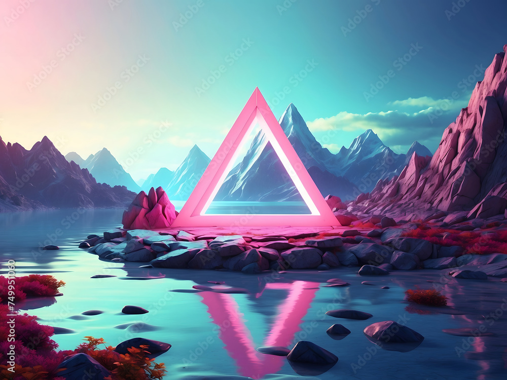 Poster abstract landscape with an arrow in the form of a triangle and neon lights design. fantasy alien pla