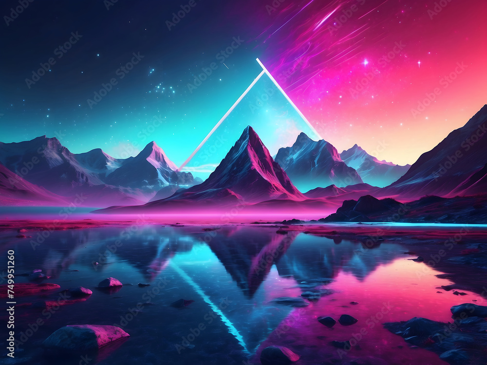 Poster abstract landscape with an arrow in the form of a triangle and neon lights design. fantasy alien pla