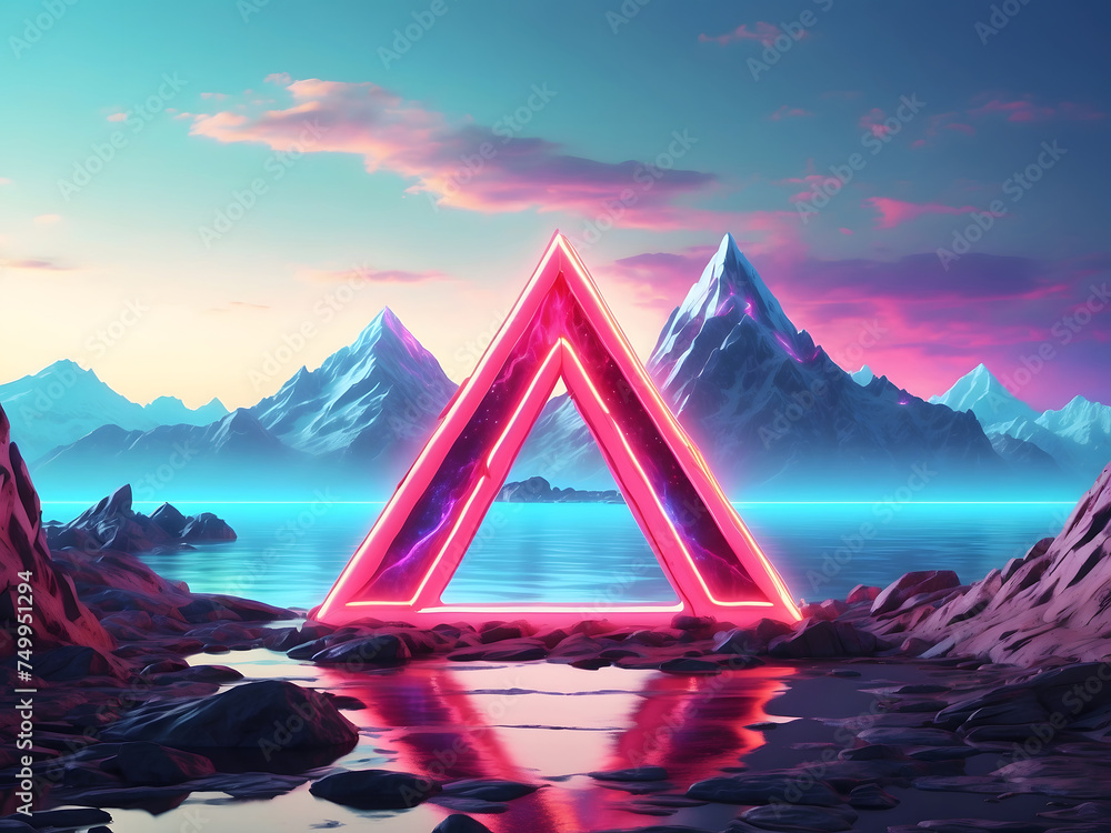Poster abstract landscape with an arrow in the form of a triangle and neon lights design. fantasy alien pla