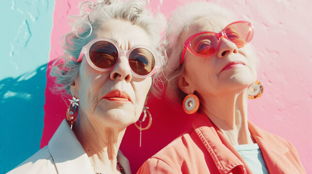 Two stylish older women dressed in bright street funky clothes, modern sunglasses on a bright pastel wall. Generative AI