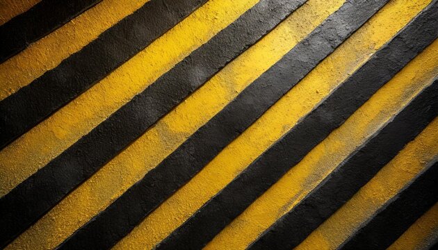 warning background with yellow and black stripes painted over yellow concrete wall facade texture and empty space for text message in the middle concept image for caution danger and hazard