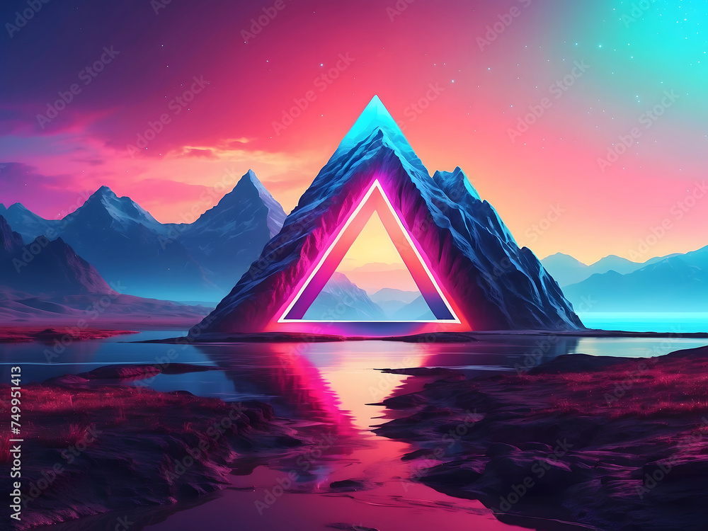 Poster abstract landscape with an arrow in the form of a triangle and neon lights design. fantasy alien pla