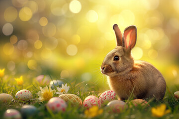 Fototapeta na wymiar A cute Easter bunny sits among the painted eggs, and golden rays of sunlight illuminate a green meadow.