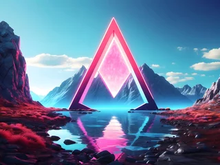 Fototapete Berge Abstract landscape with an arrow in the form of a triangle and neon lights design. Fantasy alien planet design. Mountain and lake. 