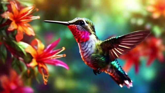 Hummingbird hovering near a vibrant tropical flower,