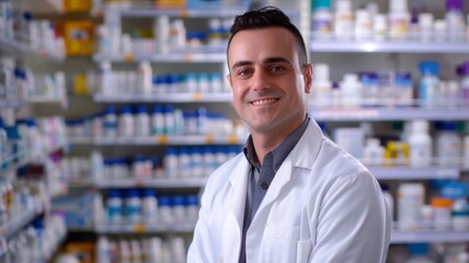 Fototapeta premium Image of a male pharmacist standing in a pharmacy Ready to assist customers with their medication needs.