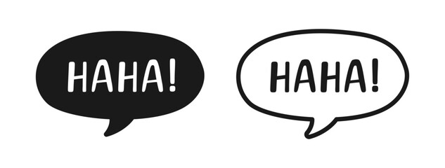 Haha laughing speech bubble sound effect icon. Cute black text lettering outline and silhouette set vector illustration.