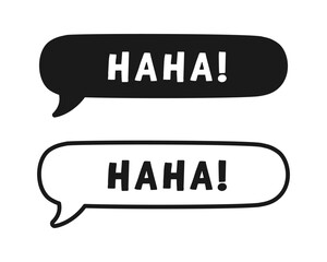 Haha laughing speech bubble sound effect icon. Cute black text lettering outline and silhouette set vector illustration.