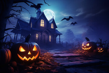 Fototapeta na wymiar halloween pumpkin outdoors scary mystery house, halloween celebration, scary