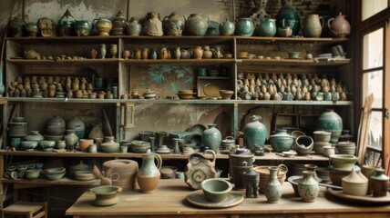 Fototapeta na wymiar A pottery shop, a place where handmade ceramics and pottery items are sold, showcasing artisanal craftsmanship and creativity.