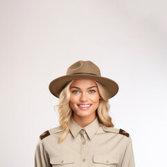 Fototapeta premium A portrait of a young female zookeeper, donning her safari uniform, stands against a solid background, exuding confidence and dedication.