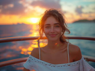 Woman taking a cruise on the ocean at sunset during summer smiling