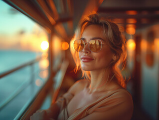 Woman taking a cruise on the ocean at sunset during summer smiling