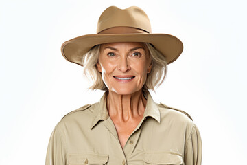 Fototapeta premium A portrait of a young female zookeeper, donning her safari uniform, stands against a solid background, exuding confidence and dedication.