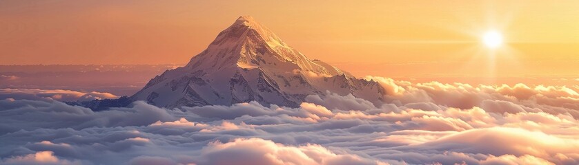 Majestic mountain peak rising above the clouds, bathed in golden sunlight, against a backdrop of rolling hills or misty valleys, generative AI