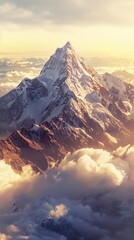 Majestic mountain peak rising above the clouds, bathed in golden sunlight, against a backdrop of rolling hills or misty valleys, generative AI