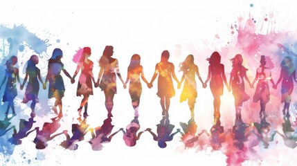 Watercolor silhouettes of women holding hands