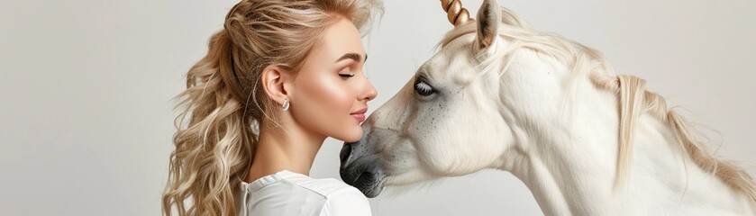 Portrait of a beautiful blonde female with a unicorn horse against white background, generative AI