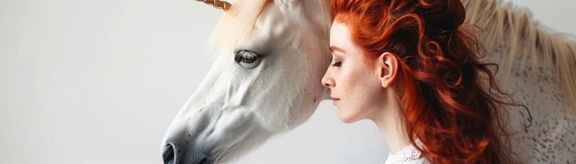 Portrait of a beautiful red hair female with a unicorn horse against white background, generative AI